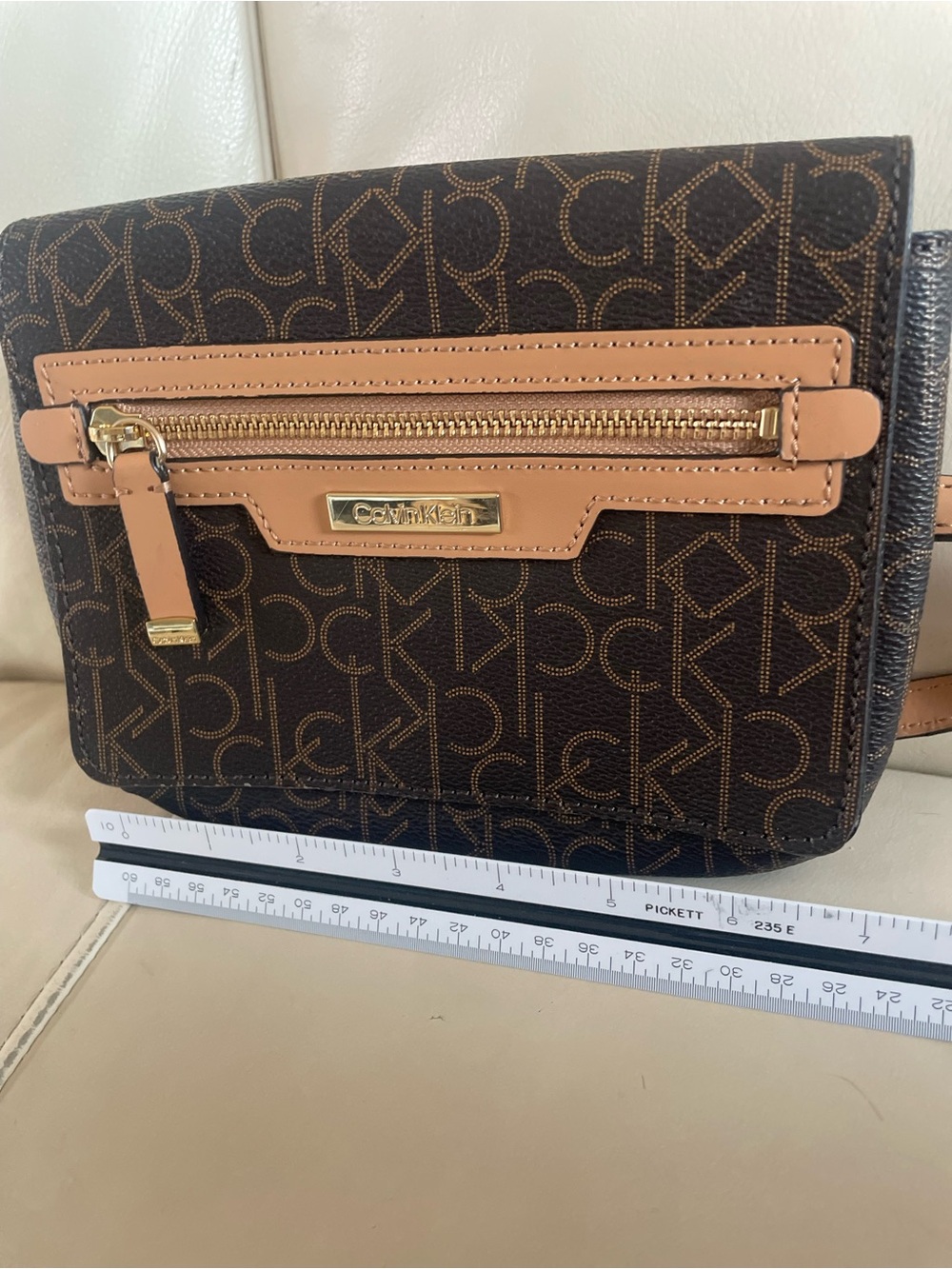 Calvin Klein Brown Signature Crossbody with Tan Trim with Gold Hardware
